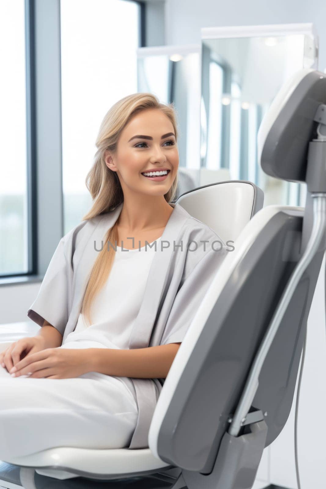 European woman smiling happily while sitting in medical chair at dental clinic. AI Generated by Desperada