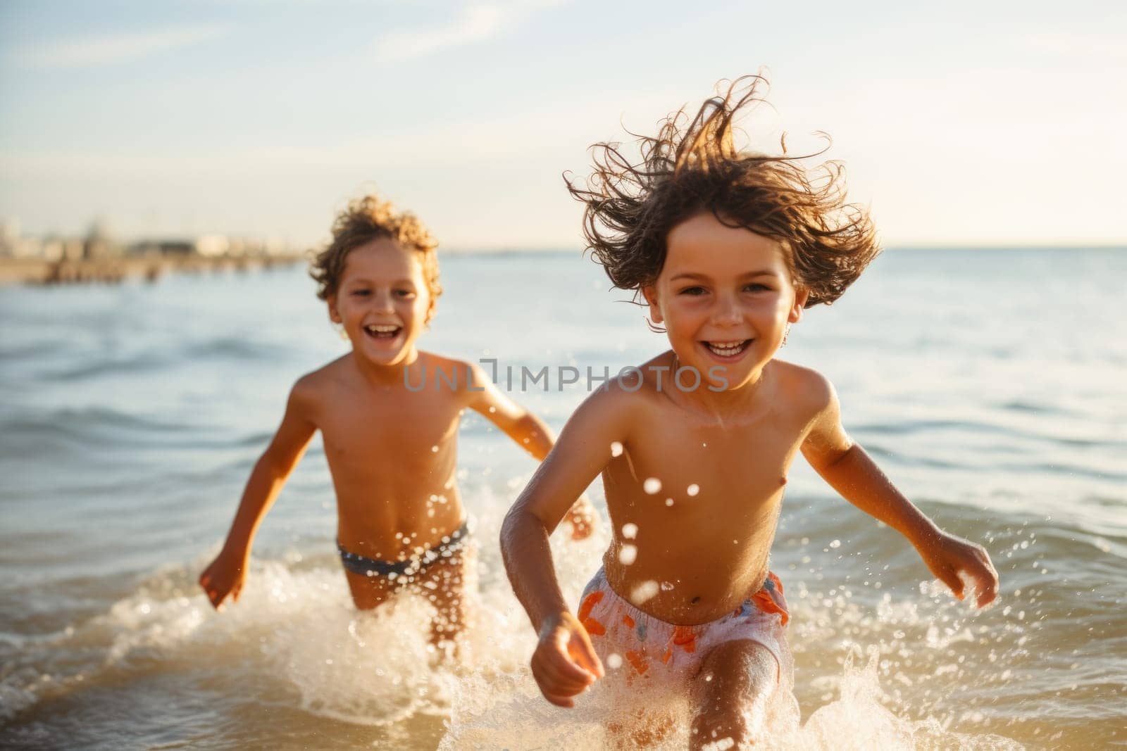 Vacation. A Cute diverse boy and little girl running and splashing together in the ocean. AI Generated