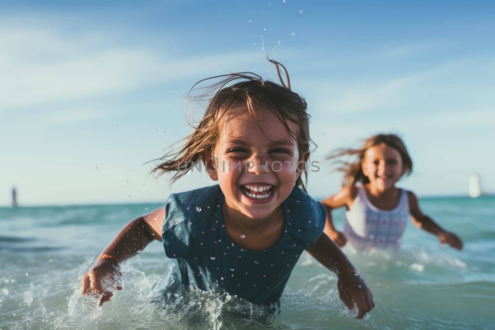 Vacation. A Cute diverse boy and little girl running and splashing together in the ocean. AI Generated