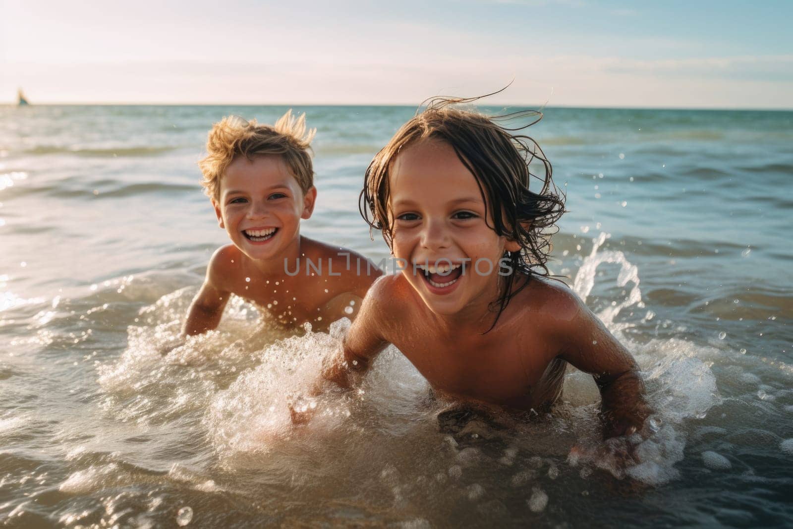 Vacation. A Cute diverse boy and little girl running and splashing together in the ocean. AI Generated