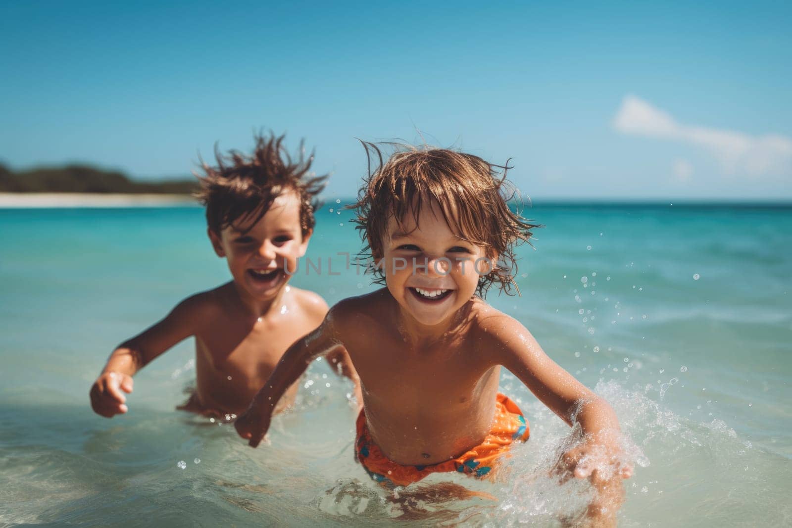 Vacation. A Cute diverse boy and little girl running and splashing together in the ocean. AI Generated