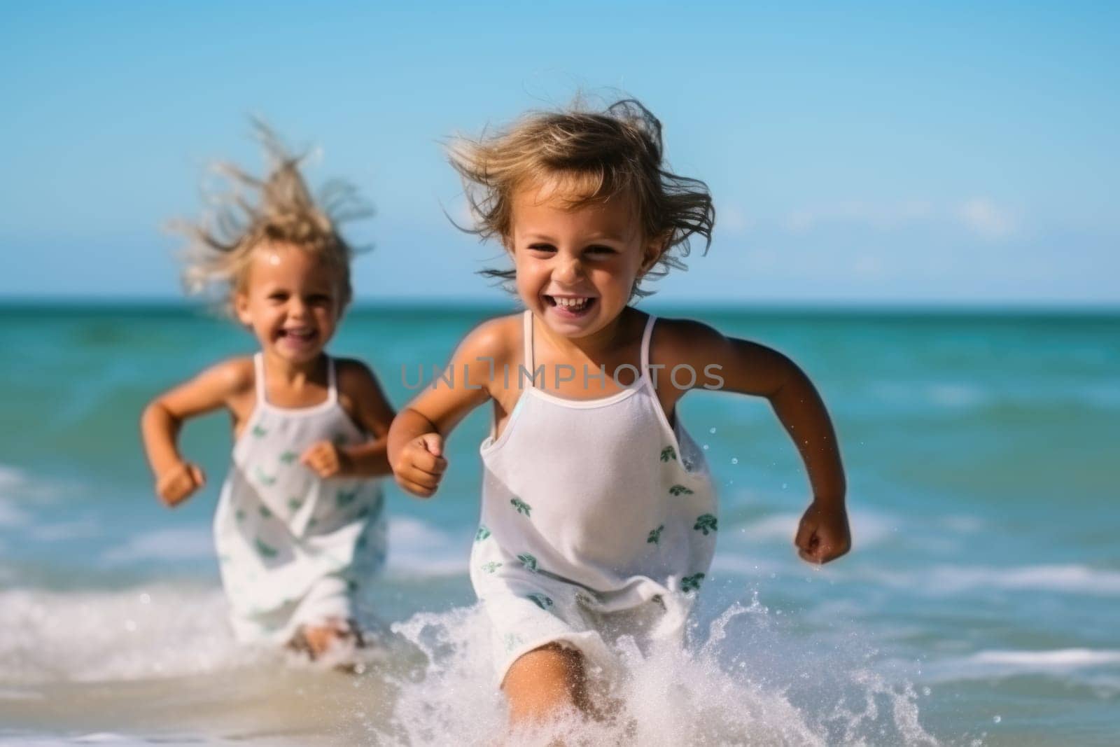 Vacation. A Cute diverse boy and little girl running and splashing together in the ocean. AI Generated