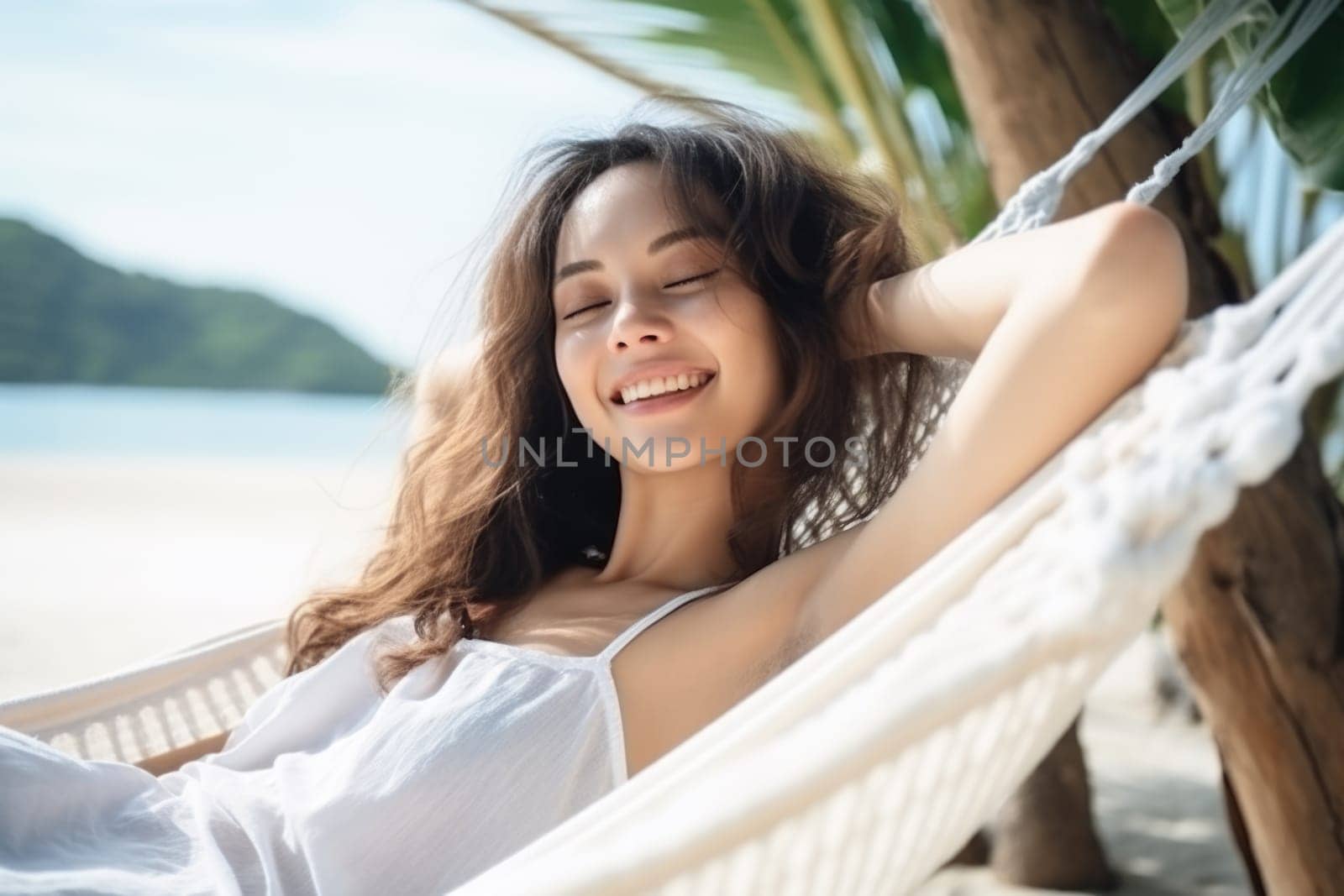 Woman having rest in colorful hammock in tropical garden while relaxing in vacation. AI Generated