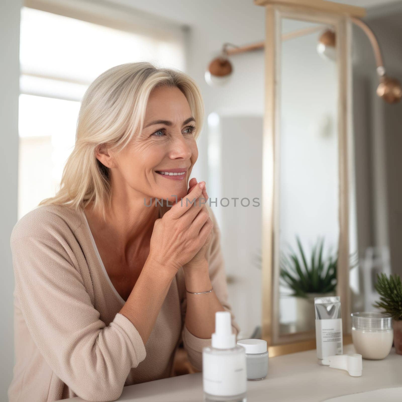 Attractive older adult blonde woman applying nourishing face skin care cream treatment, doing daily morning beauty routine. AI Generated