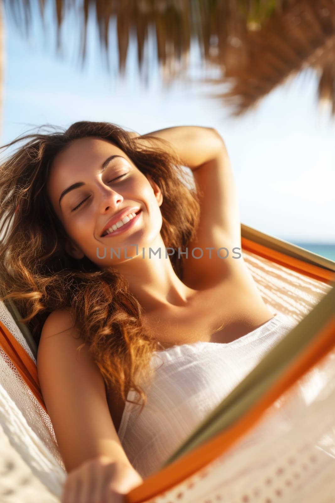 Woman having rest in colorful hammock in tropical garden while relaxing in vacation. AI Generated