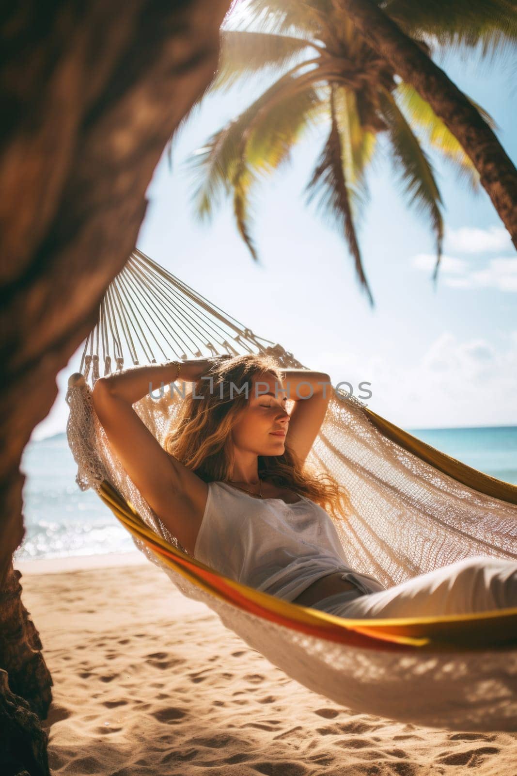 Woman relaxing in colorful hammock in tropical garden while relaxing in vacation. AI Generated by Desperada