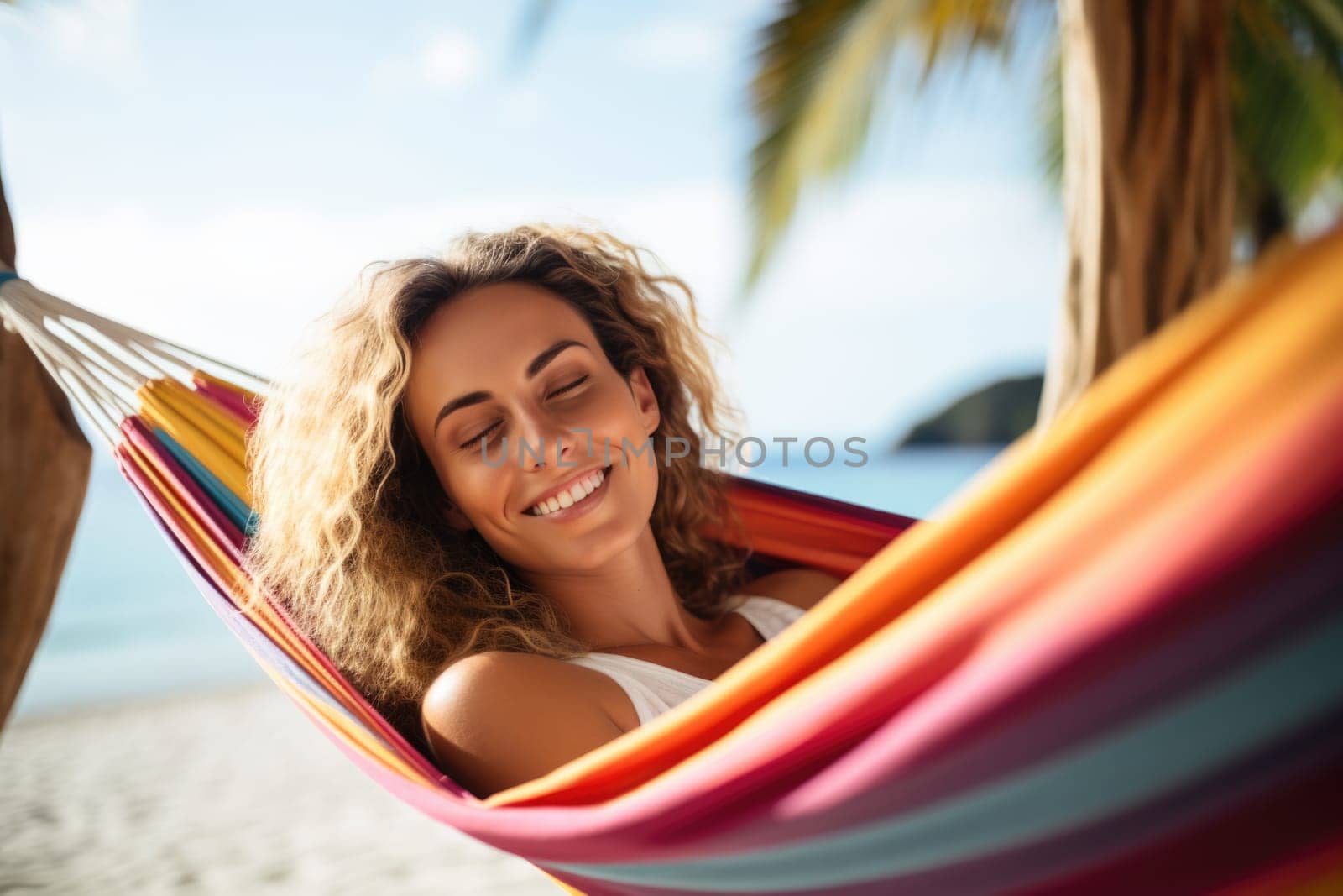 Woman having rest in colorful hammock in tropical garden while relaxing in vacation. AI Generated