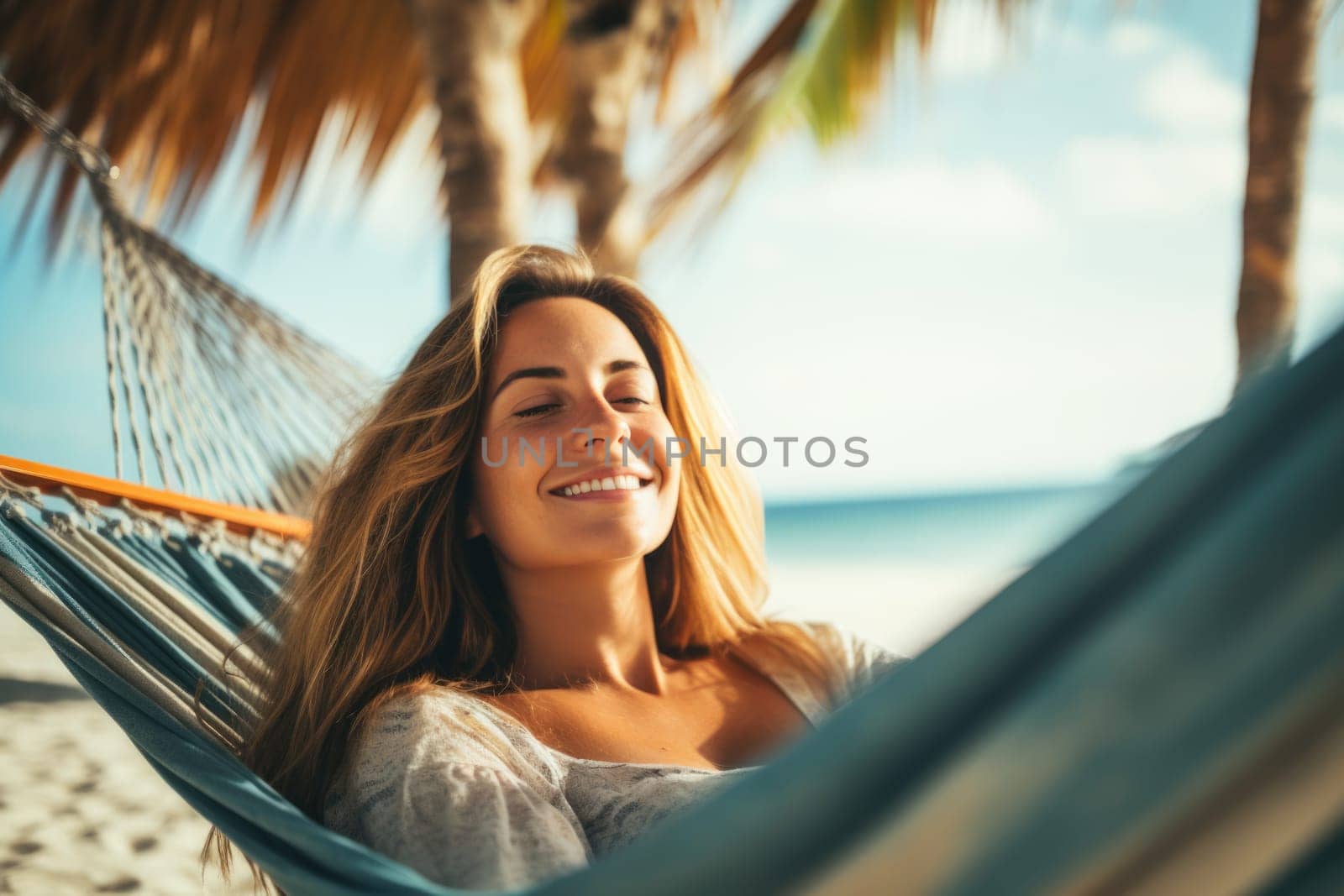 Woman having rest in colorful hammock in tropical garden while relaxing in vacation. AI Generated