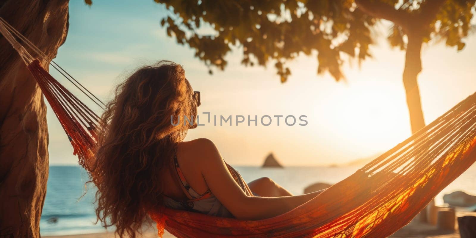 Woman relaxing in colorful hammock in tropical garden while relaxing in vacation. AI Generated by Desperada