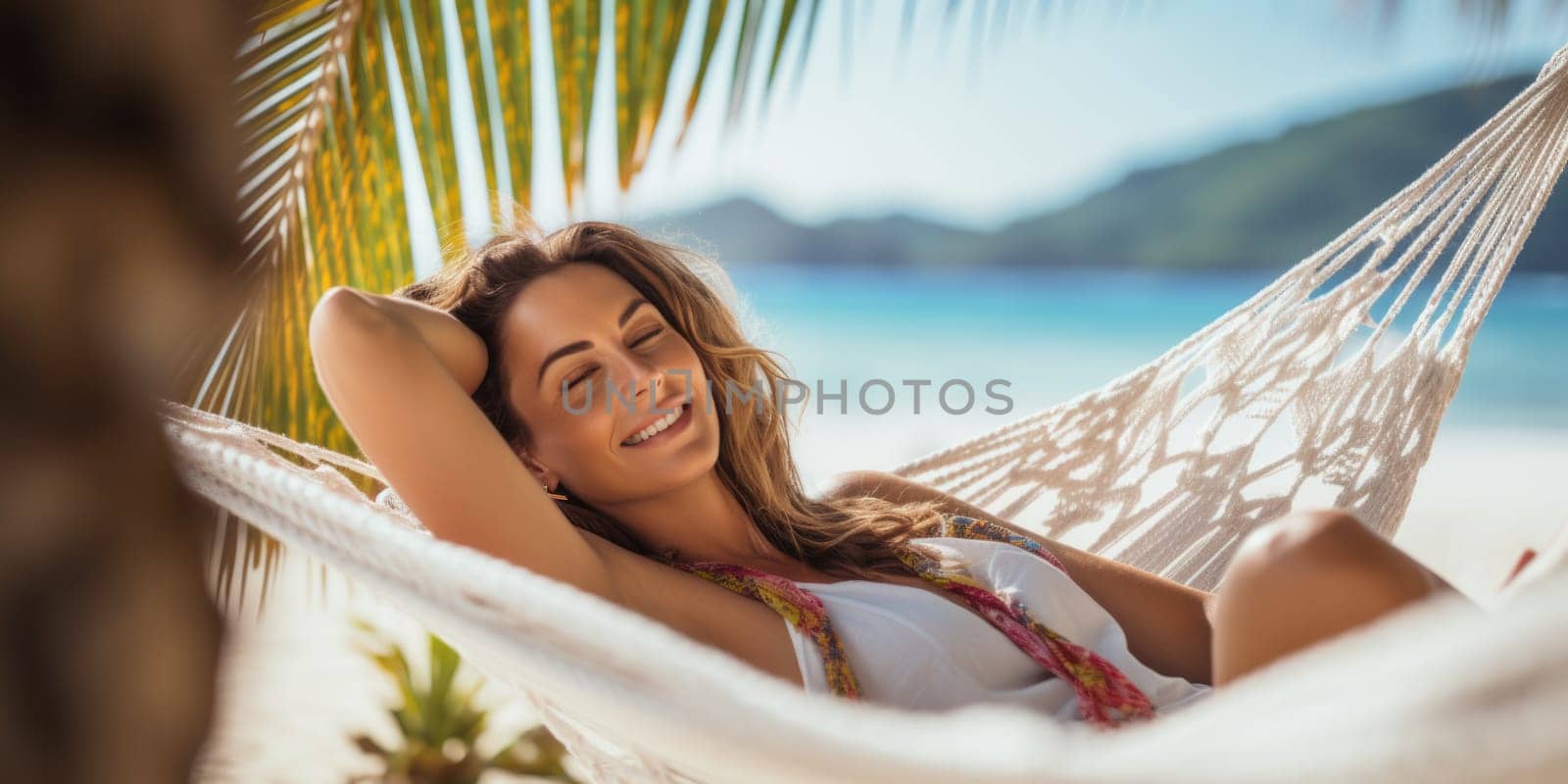 Woman having rest in colorful hammock in tropical garden while relaxing in vacation. AI Generated