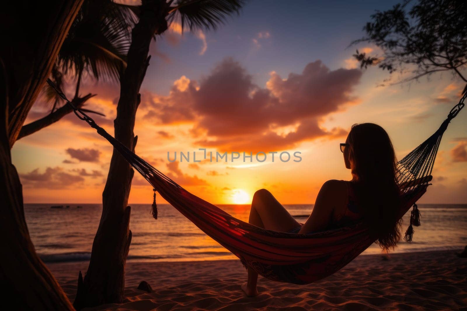 Woman having rest in colorful hammock in tropical garden while relaxing in vacation. AI Generated