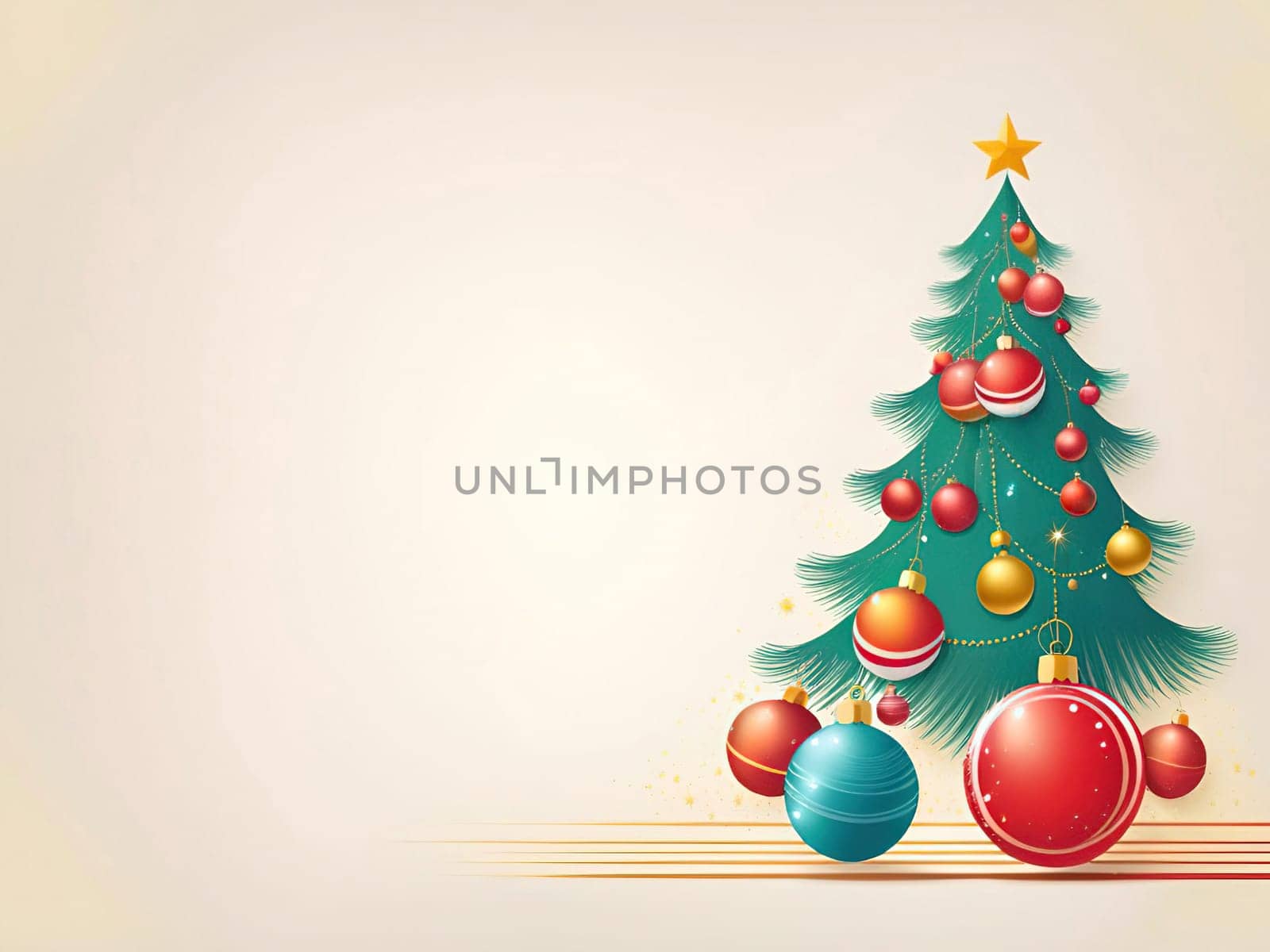 Christmas and New Year greeting card. space for text. Merry Christmas and Happy New Year background with Christmas tree. Christmas background with baubles and fir branches. Vector illustration.