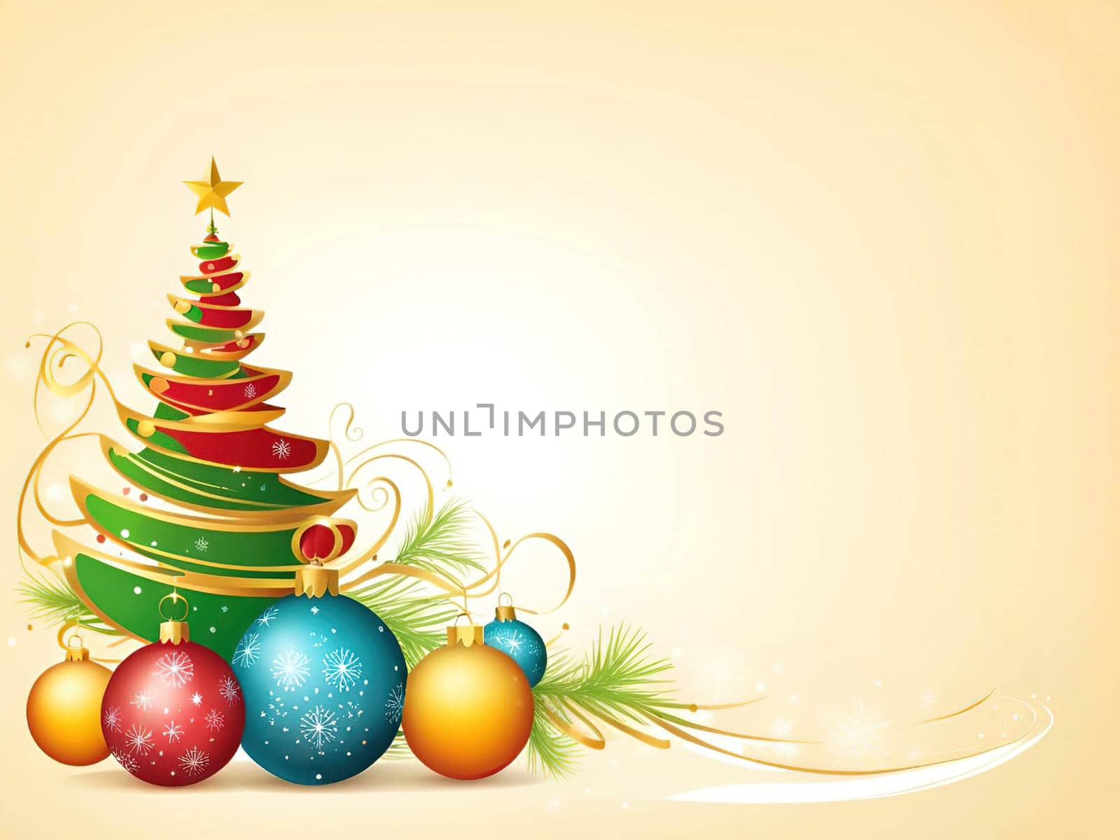 Christmas and New Year greeting card. space for text. Merry Christmas and Happy New Year background with Christmas tree. Christmas background with baubles and fir branches. Vector illustration.