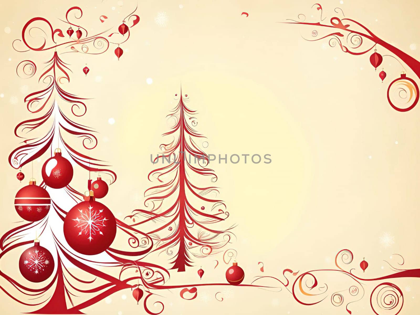 Christmas and New Year greeting card. space for text. Merry Christmas and Happy New Year background with Christmas tree. Christmas background with baubles and fir branches. Vector illustration.