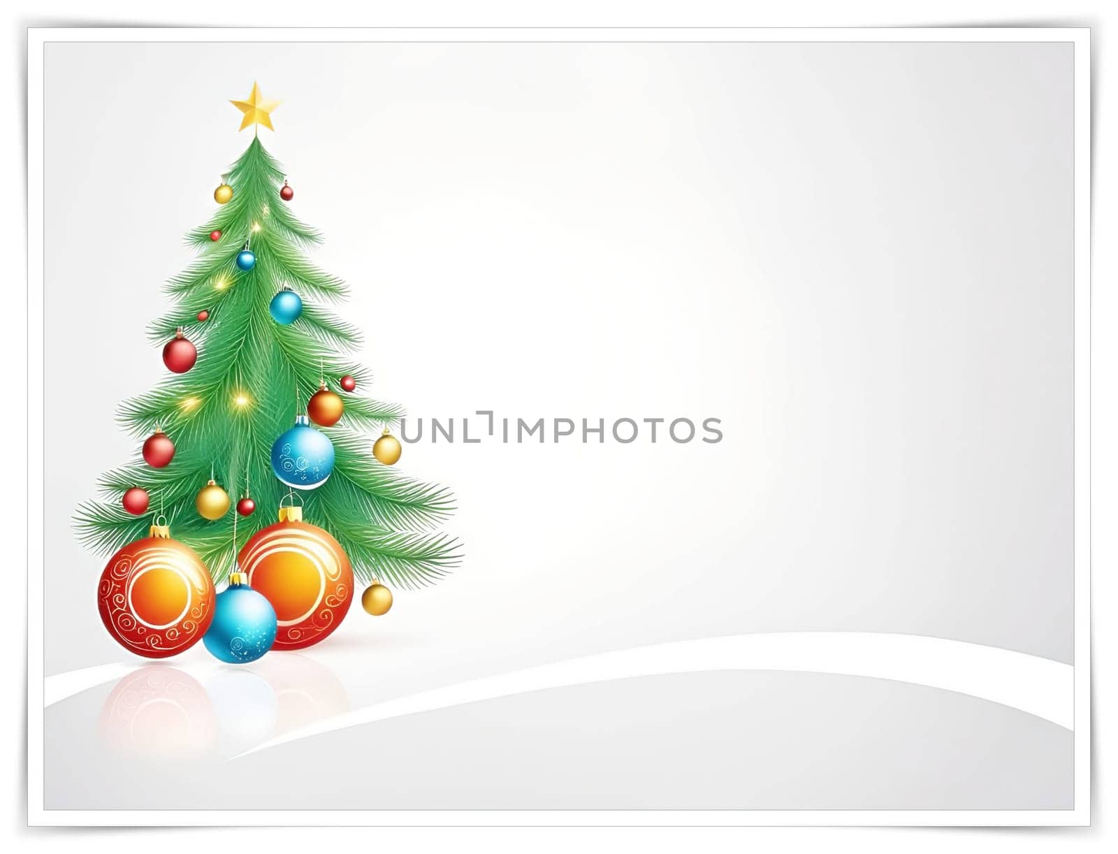 Christmas and New Year greeting card. space for text. Merry Christmas and Happy New Year background with Christmas tree. Christmas background with baubles and fir branches. Vector illustration.