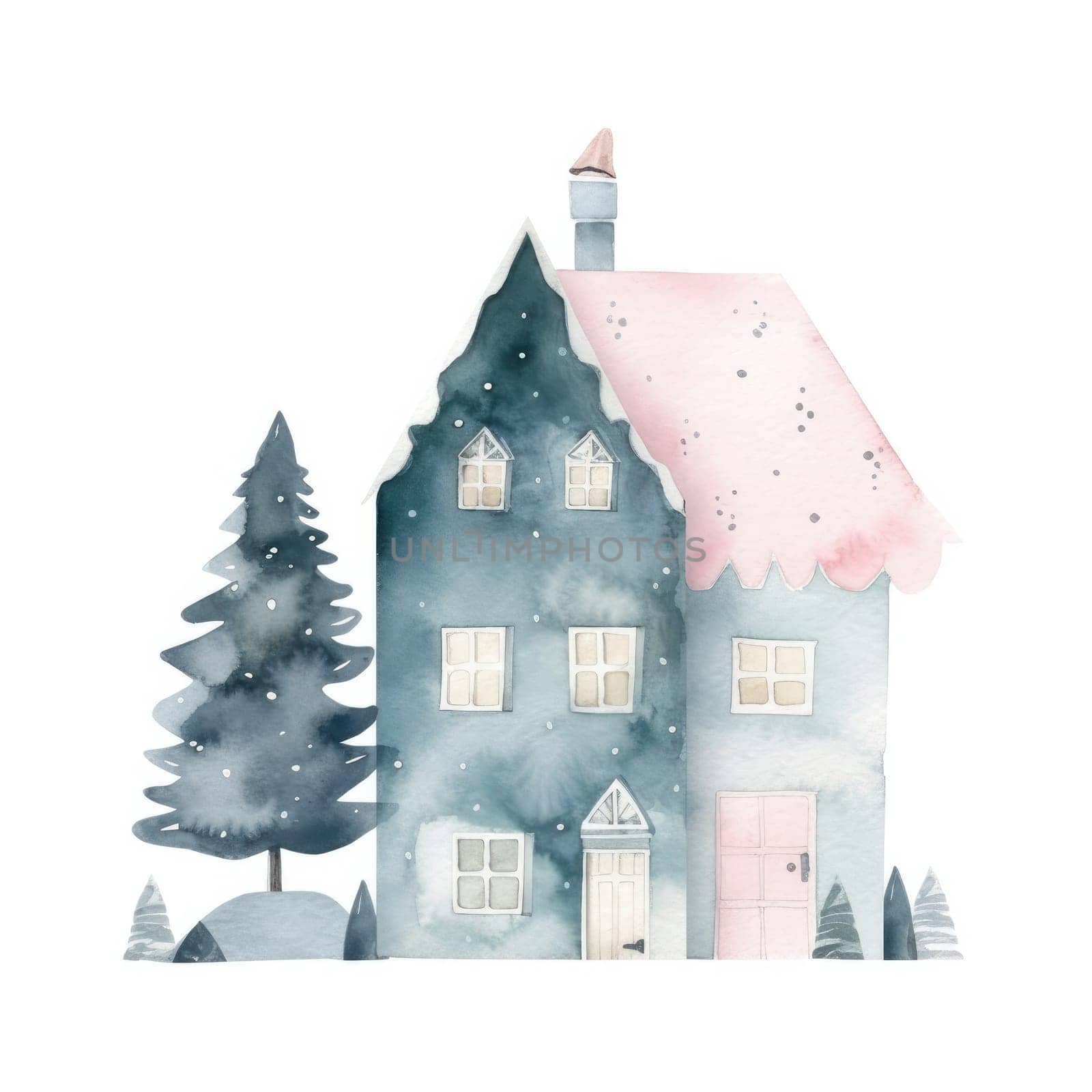 Watercolor cute house with tree on isolate background. Generative AI by itchaznong