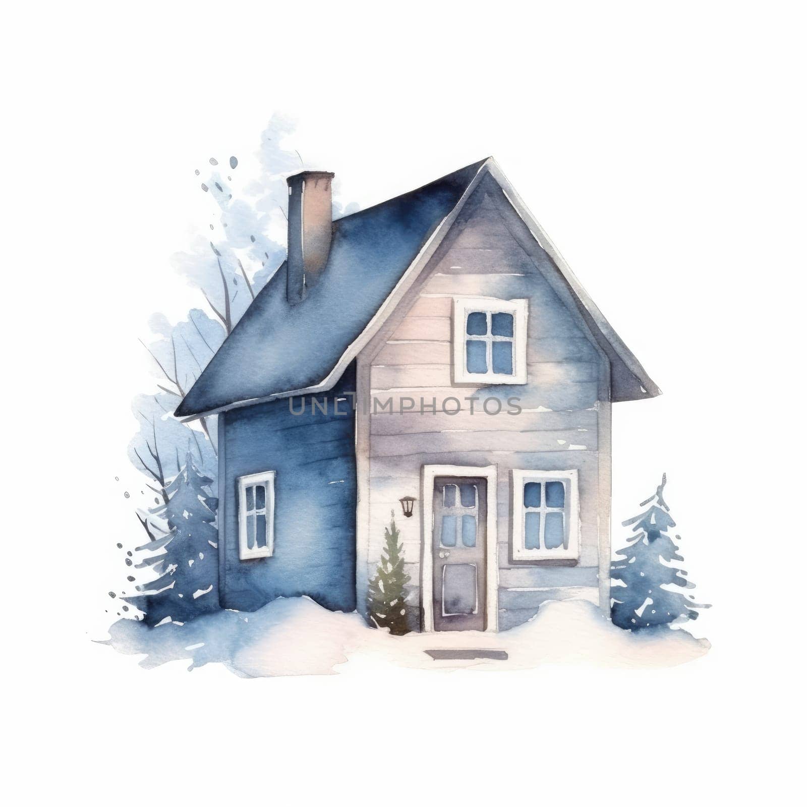 Watercolor cute house with tree on isolate background. Generative AI.
