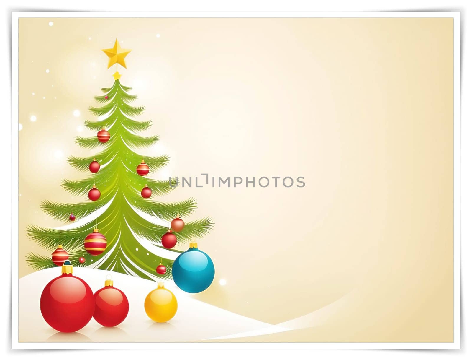 Christmas and New Year greeting card. space for text. Merry Christmas and Happy New Year background with Christmas tree. Christmas background with baubles and fir branches. Vector illustration.