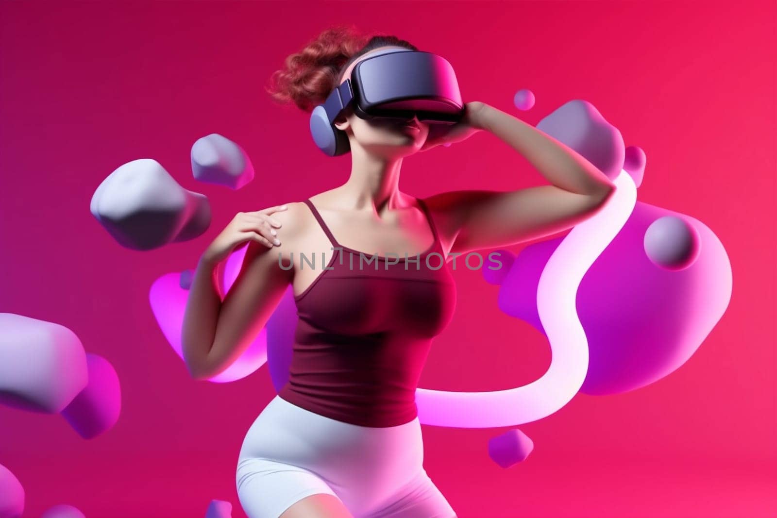 entertainment woman 3d digital vr glasses black young game neon background headset sport lifestyle reality reality innovation yoga virtual virtual colorful technology render. Generative AI.