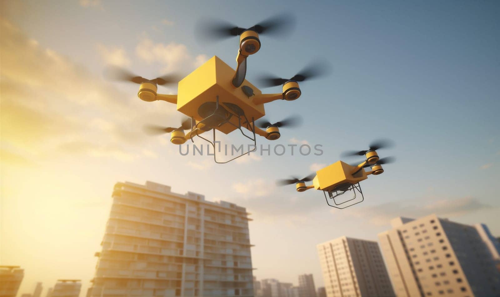 background technology air cardboard distribution business cargo delivery box sky drone aircraft fast city fly helicopter blue flying blue wireless propeller. Generative AI.