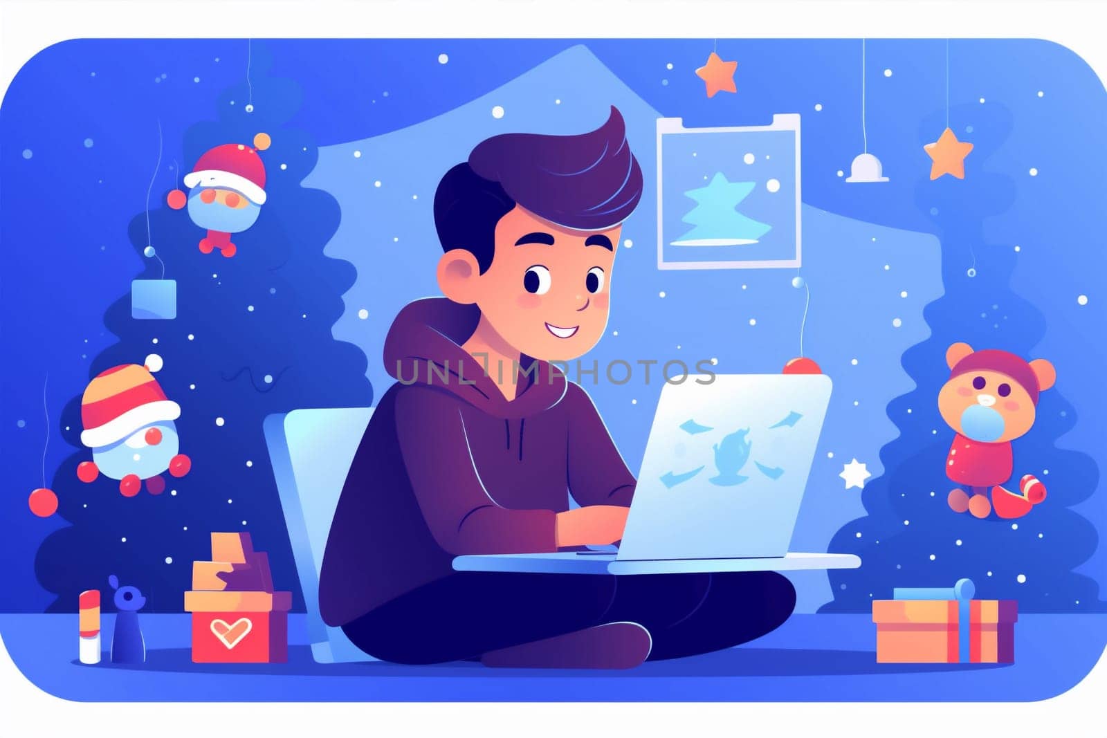 chat call beautiful digital screen smiling video cyberspace happy young computer laptop child home illustration baby person cute christmas christmas tree. Generative AI.