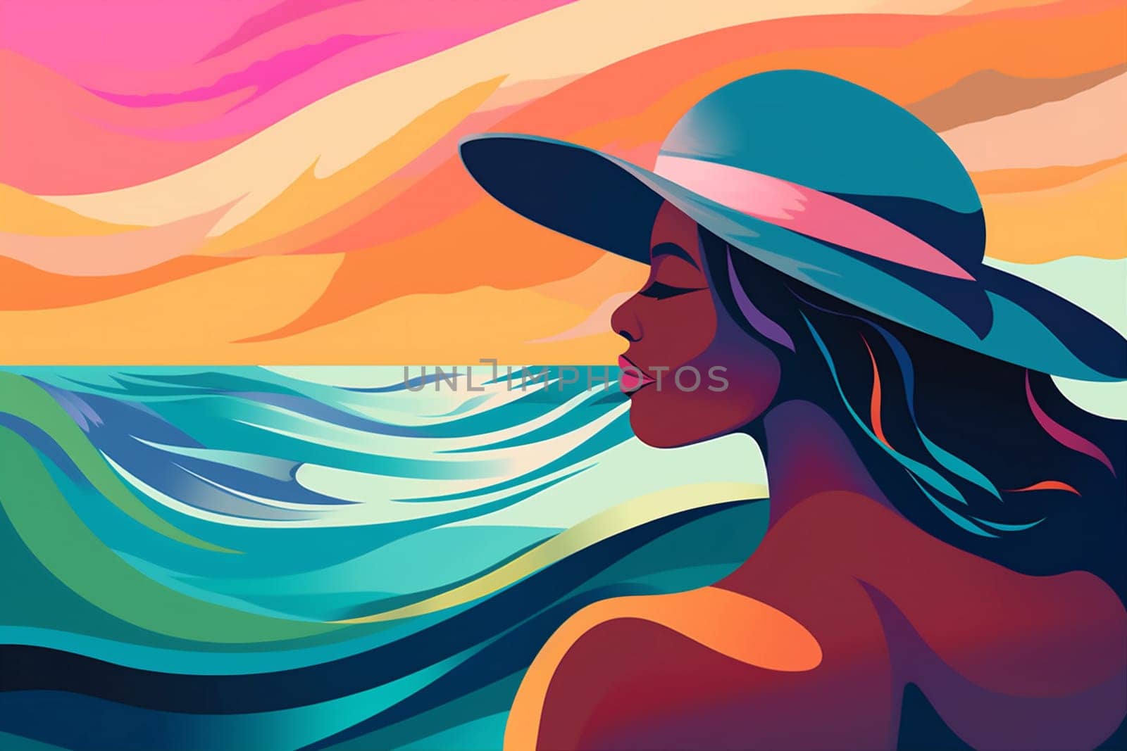 woman water sea tanned beige beach concept black hair beauty poster ocean cartoon vacation young body travel female tropical hat summer. Generative AI.