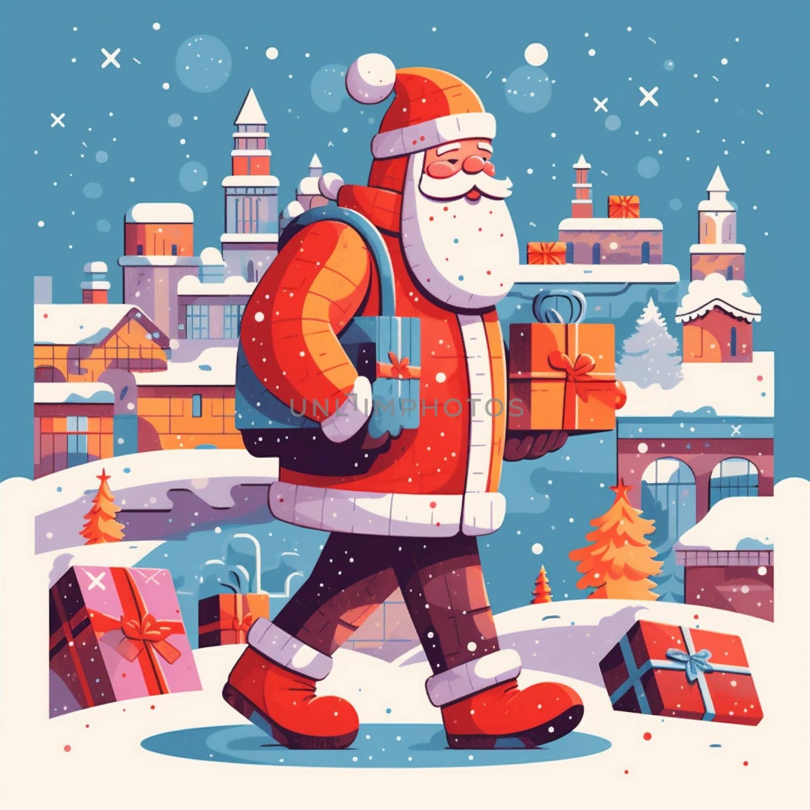 winter christmas present santa gift cartoon holiday illustration red claus. Generative AI. by Vichizh