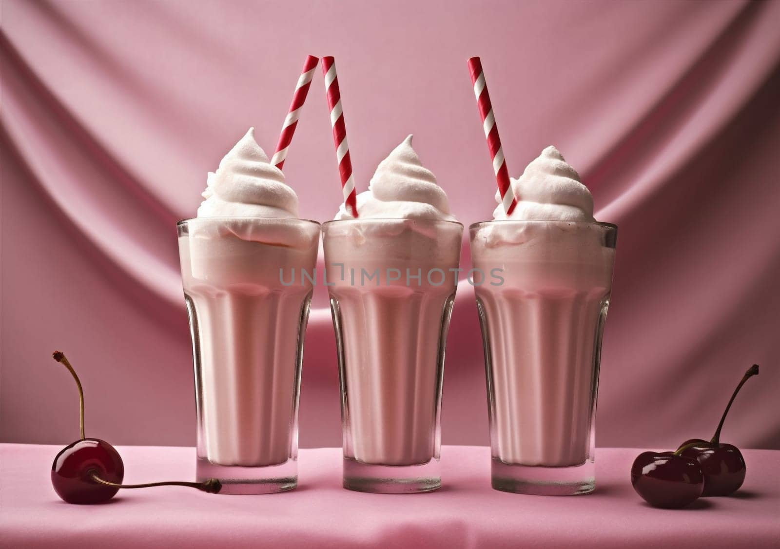 milkshake cream pink beverage cocktail sweet retro drink glass ice. Generative AI. by Vichizh