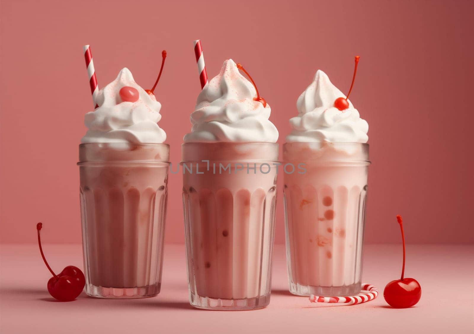 glass ice retro beverage cream cocktail sweet milkshake pink drink. Generative AI. by Vichizh