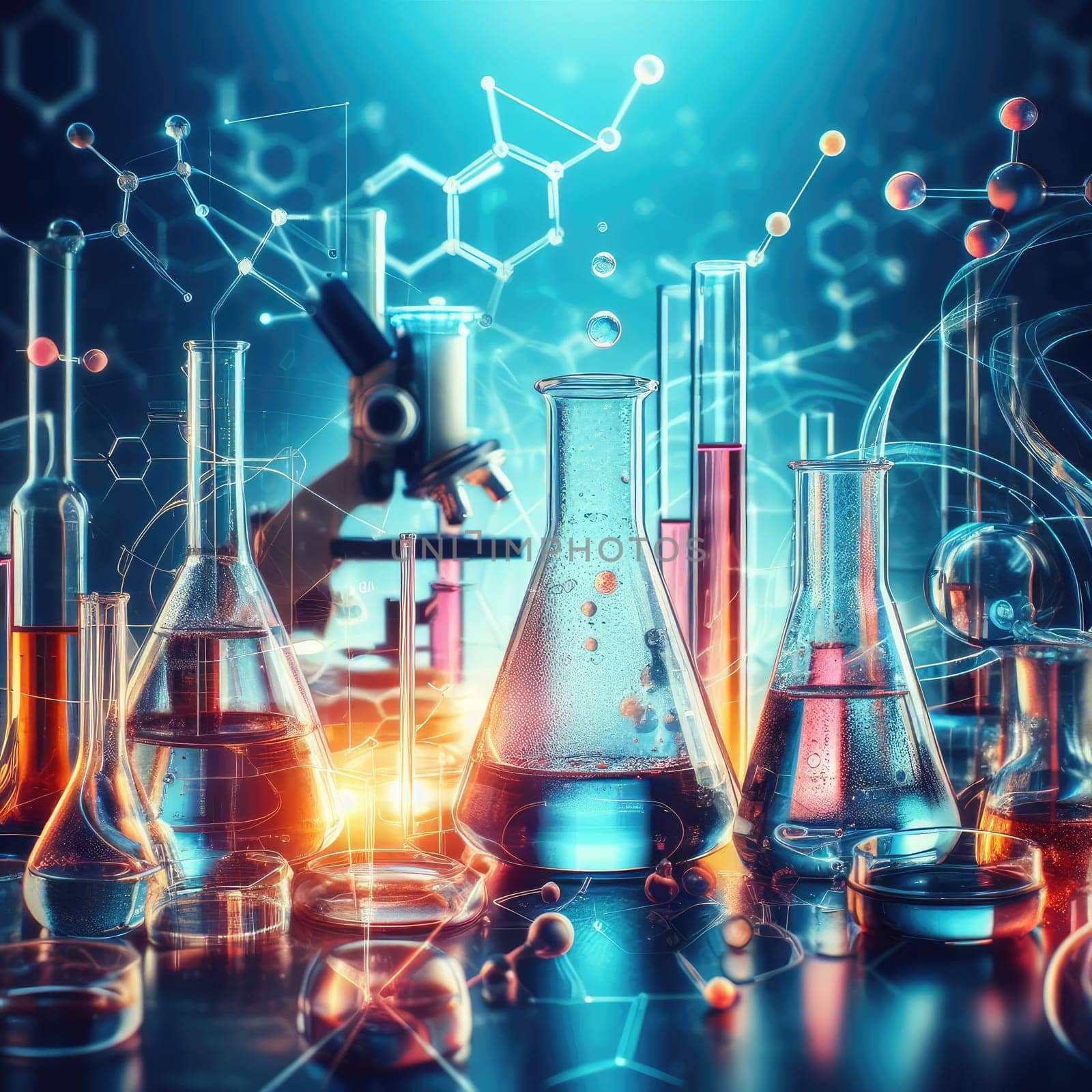 Chemical experiment concept. Laboratory equipment. Blue background.