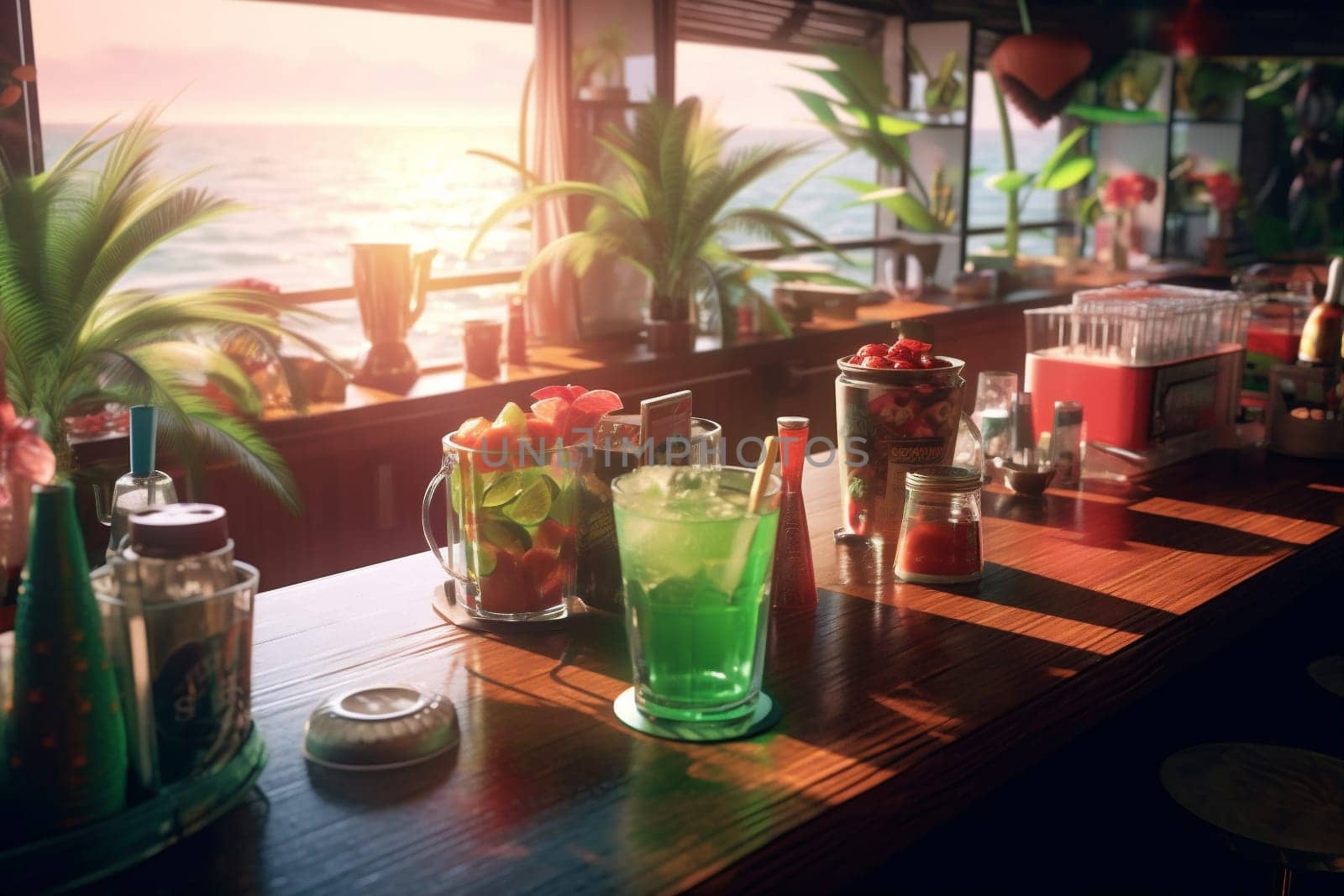 interior tropical vintage cocktail glass drink party bar alcohol fresh beverage. Generative AI. by Vichizh