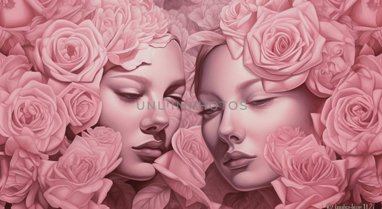 peony woman design style face flower head rose drawing beauty floral valentine portrait abstract make-up lady art decoration fashion pink trendy. Generative AI.