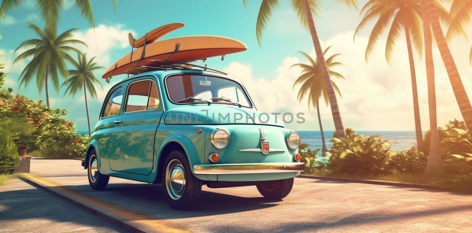background tree trip surf travel vacation beach tropic car voyage sand summer old-fashioned nature retro tropical road sun vintage transport. Generative AI.