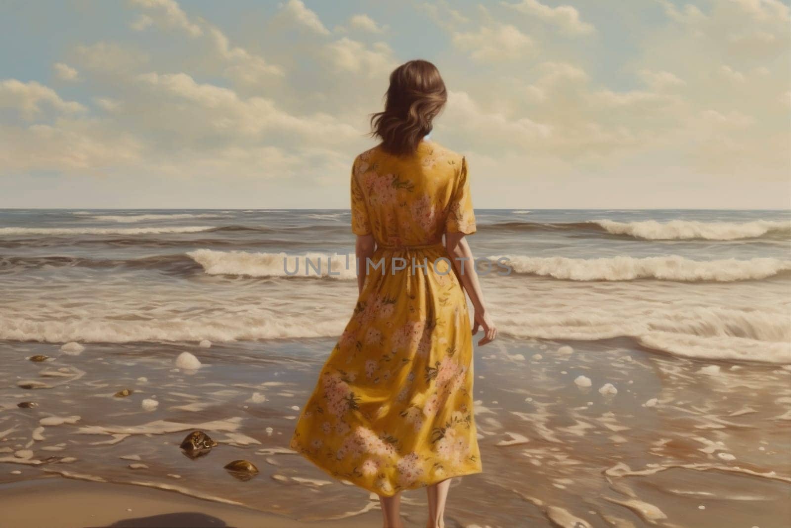 woman dress yellow female fashionable lifestyle relax trendy hippie summer fashion slim young beautiful sunlight beach sunset person sea sand dancing. Generative AI.
