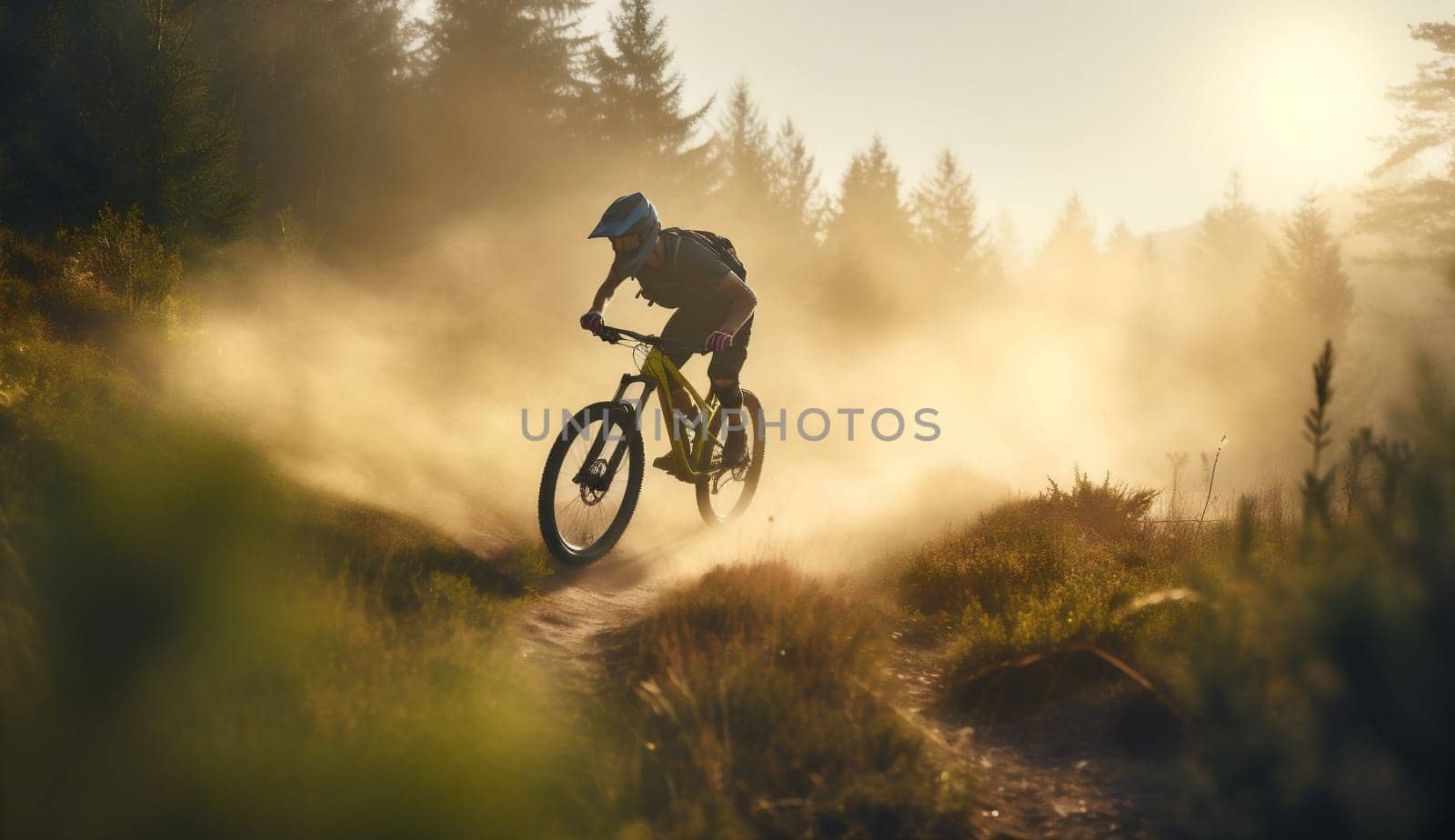 sunset woman ride bicyclist hiking adventure girl sport walking bike exercise bicycle summer biker cycling travel healthy forest lifestyle dark biking. Generative AI.