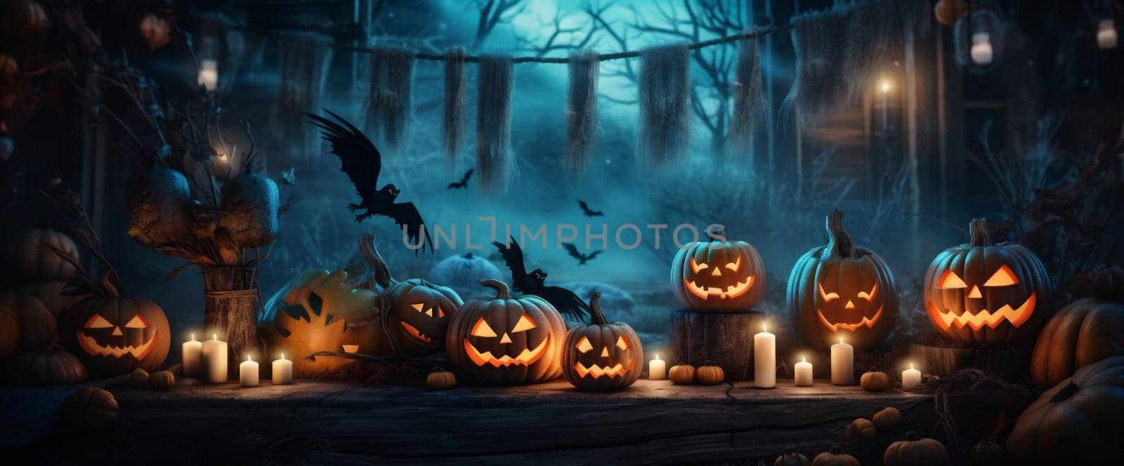 night halloween jack-o-lantern pumpkin evil mystery horror blue fear background table. Generative AI. by Vichizh