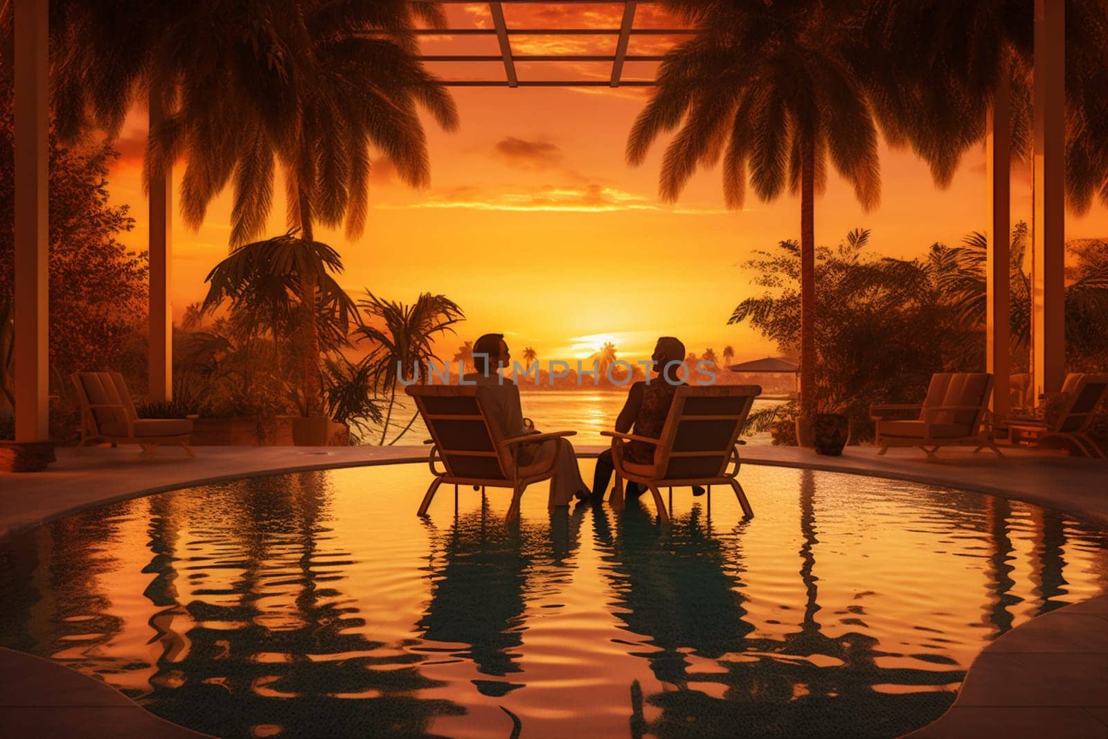 romantic sunset back couple vacation travel pool swimming honeymoon relax. Generative AI. by Vichizh