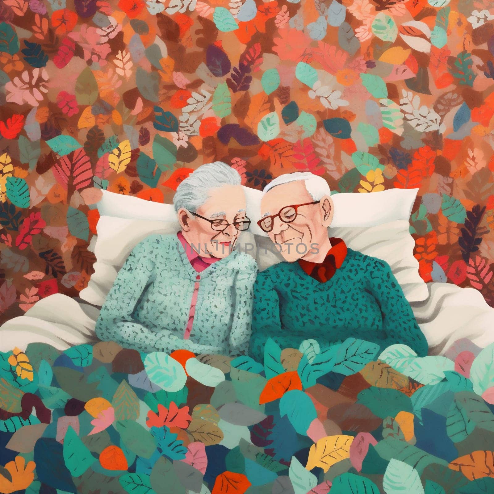 man woman old lifestyle grandmother cartoon happiness aged illustration retired asleep happy senior female married love person bed couple flowers sleeping together. Generative AI.