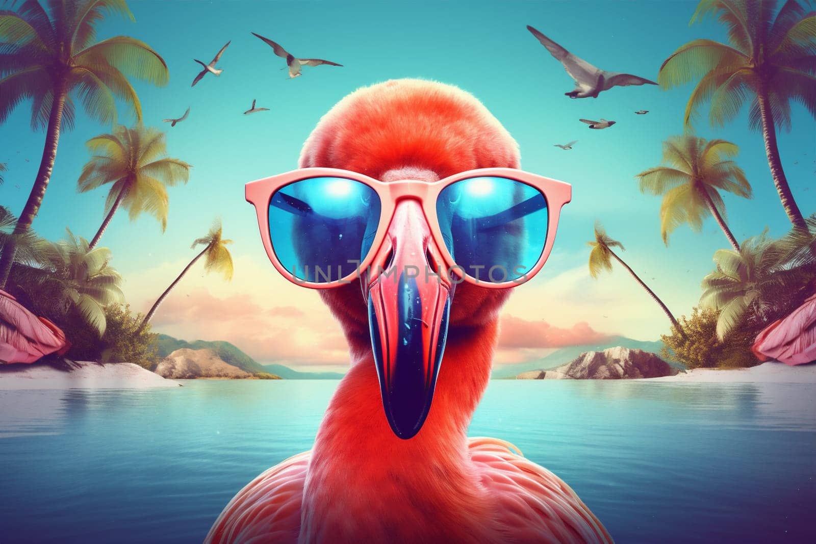 sunglasses summer party bird pink animal flamingo feather tropical hipster. Generative AI. by Vichizh