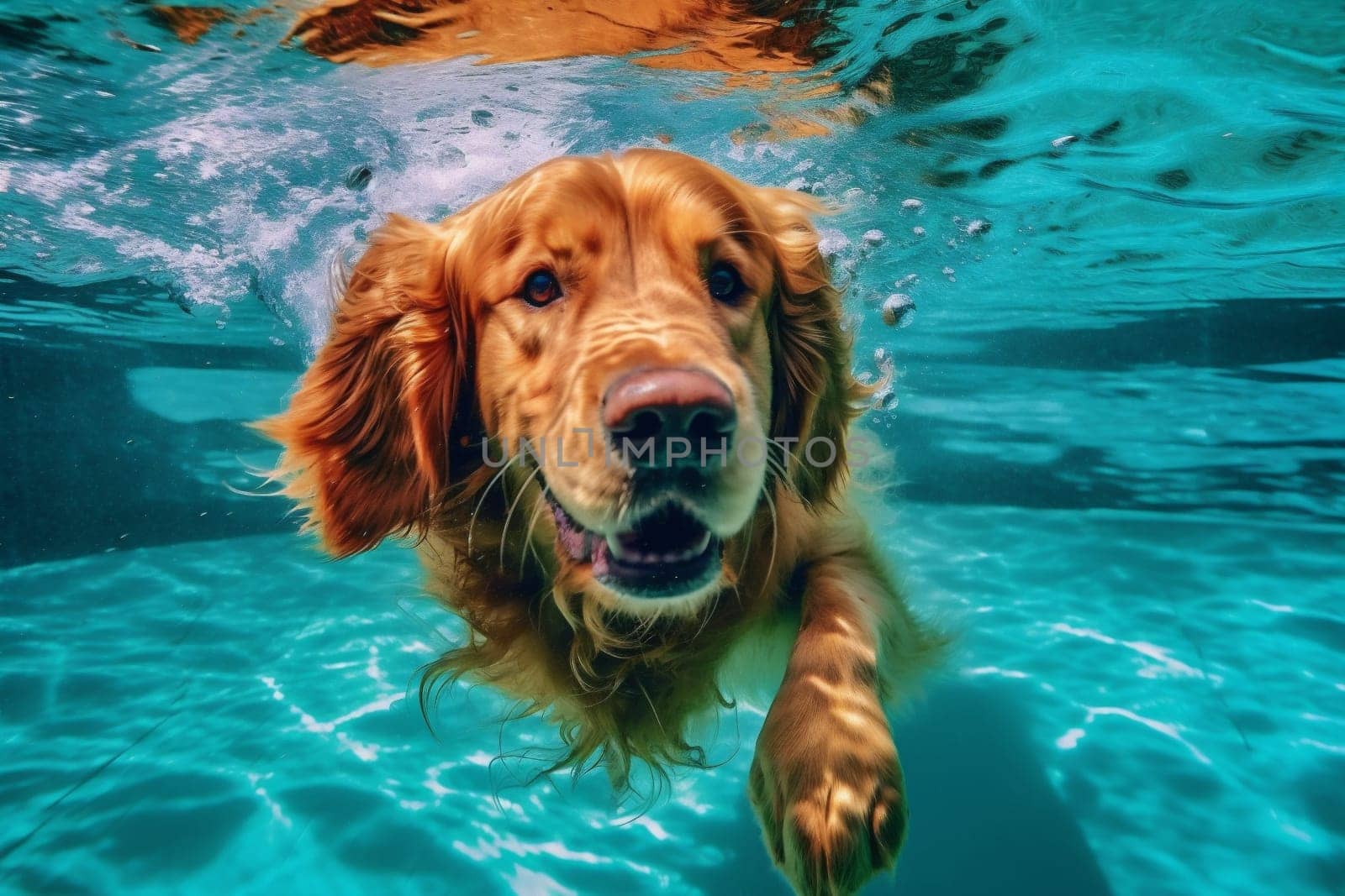 underwater dog fun puppy swimming snorkeling vacation water funny pool. Generative AI. by Vichizh