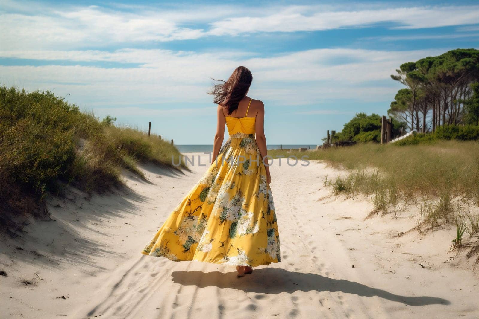 sunlight woman vogue hippie summer gypsy attractive resort model fashion person floral beautiful nature happiness blue outfit lifestyle sea dress beach. Generative AI.