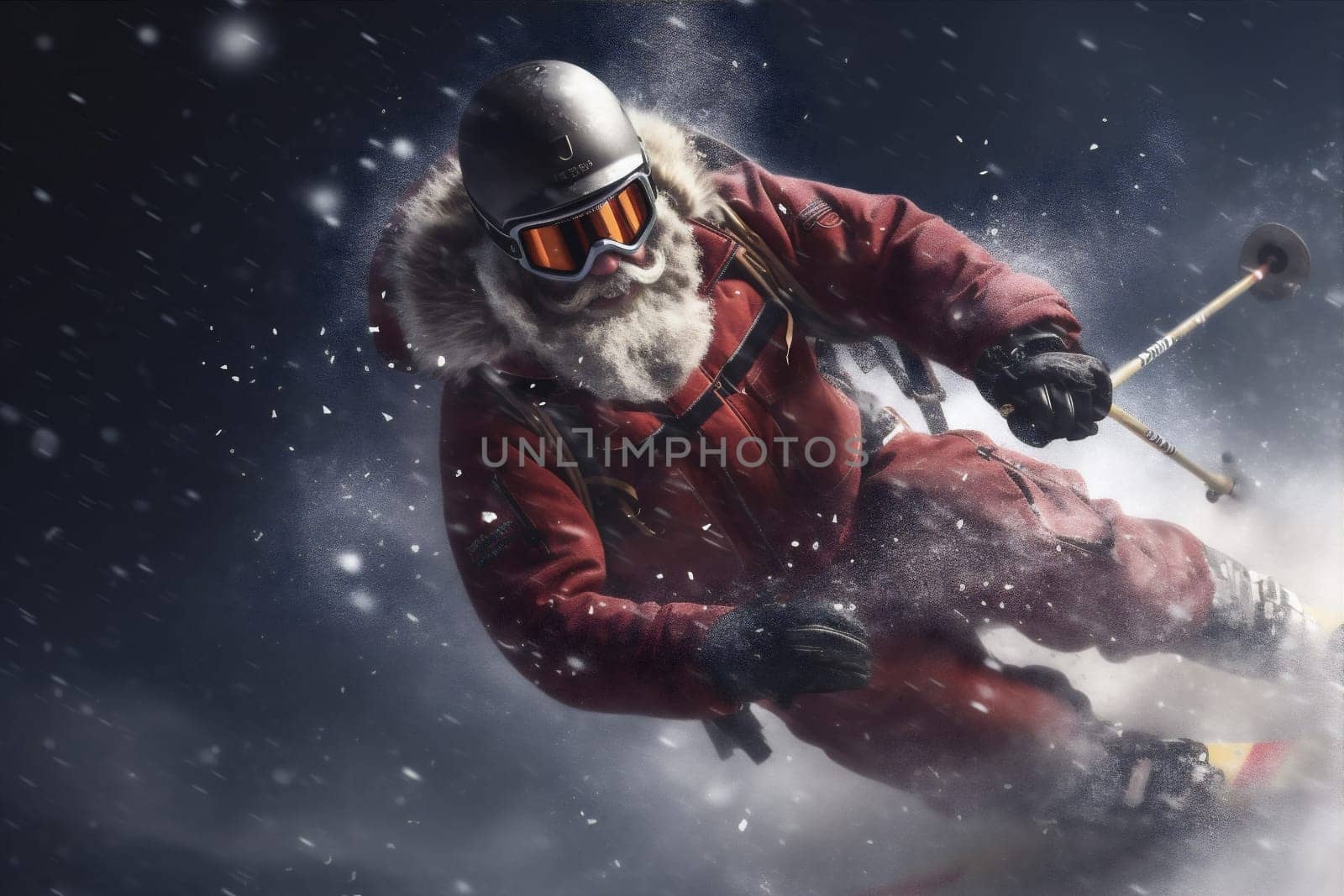 holiday mountain snowboarder snow santa christmas winter ski skier sport. Generative AI. by Vichizh