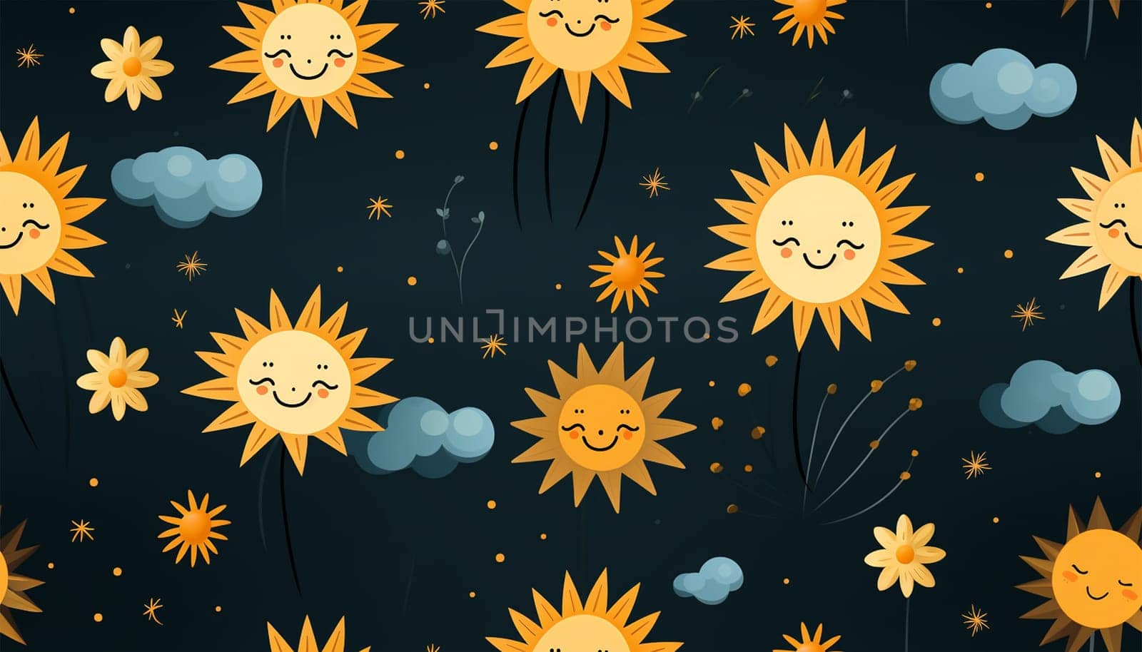 Cute pattern with happy sun. Seamless pattern with sun Contemporary composition. wall decor. Mid century art print. Trendy texture for print, textile, packaging, giftware colorful