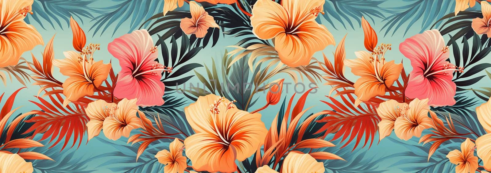 Hawaiian pattern pastel flowers pattern. Beach cheerful seamless pattern wallpaper of tropical bright leaves of palm trees and flowers paradise plumeria on a light yellow background Pink by Annebel146