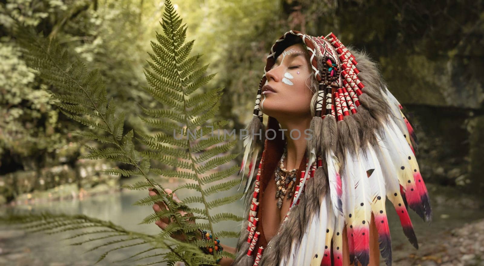 the portrait of a young girl in Native American Headdresses against the background of nature