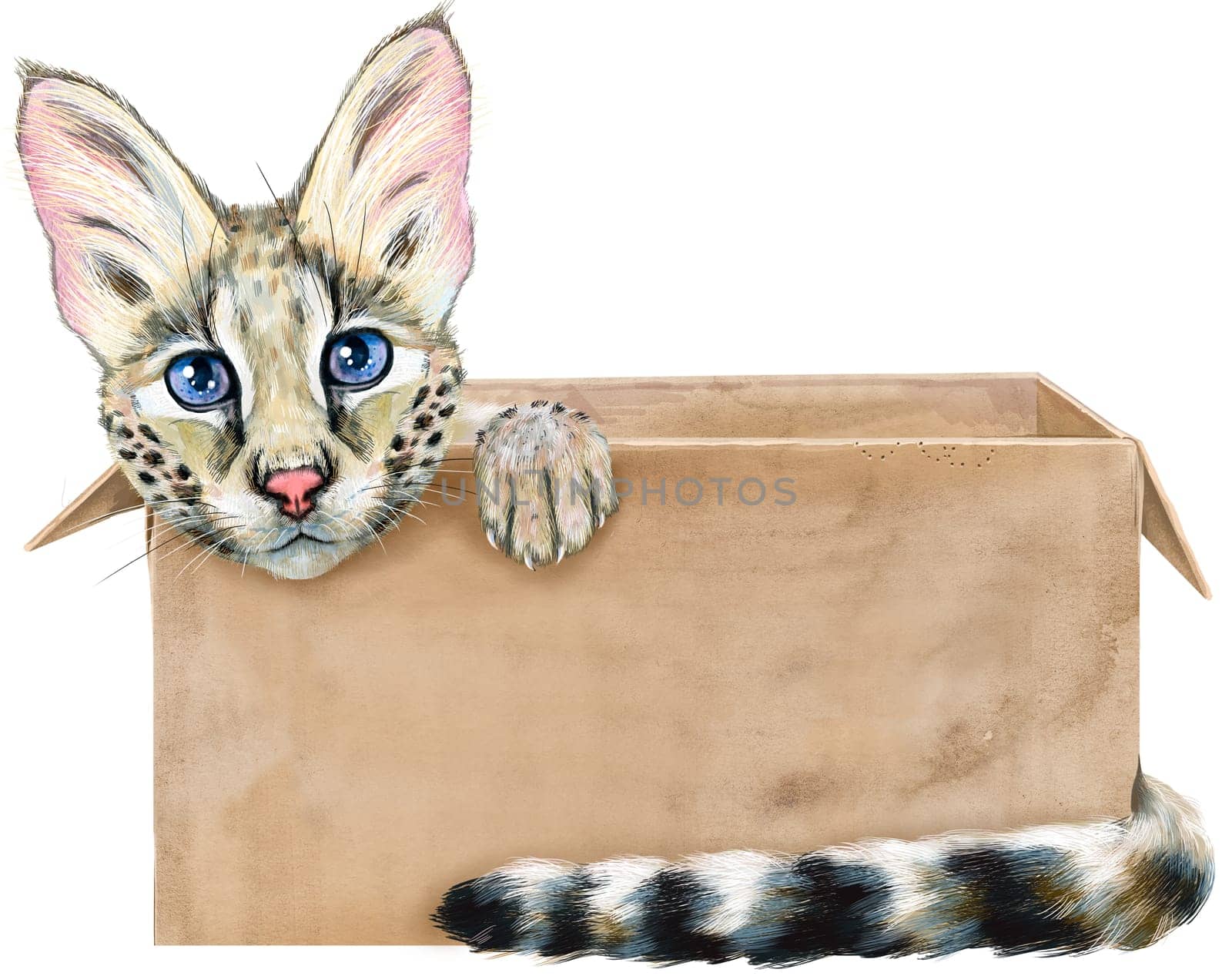 Portrait of a funny cat looking out of the box. Watercolor illustration