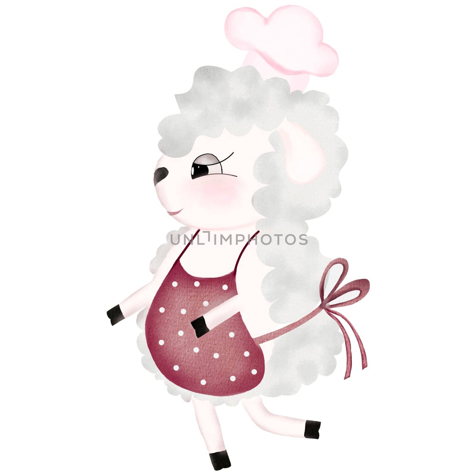 Watercolor drawing of a cute baker sheep on a white background. Adorable lamb pastry chef in a cap. For designing cards and invitations. by TatyanaTrushcheleva