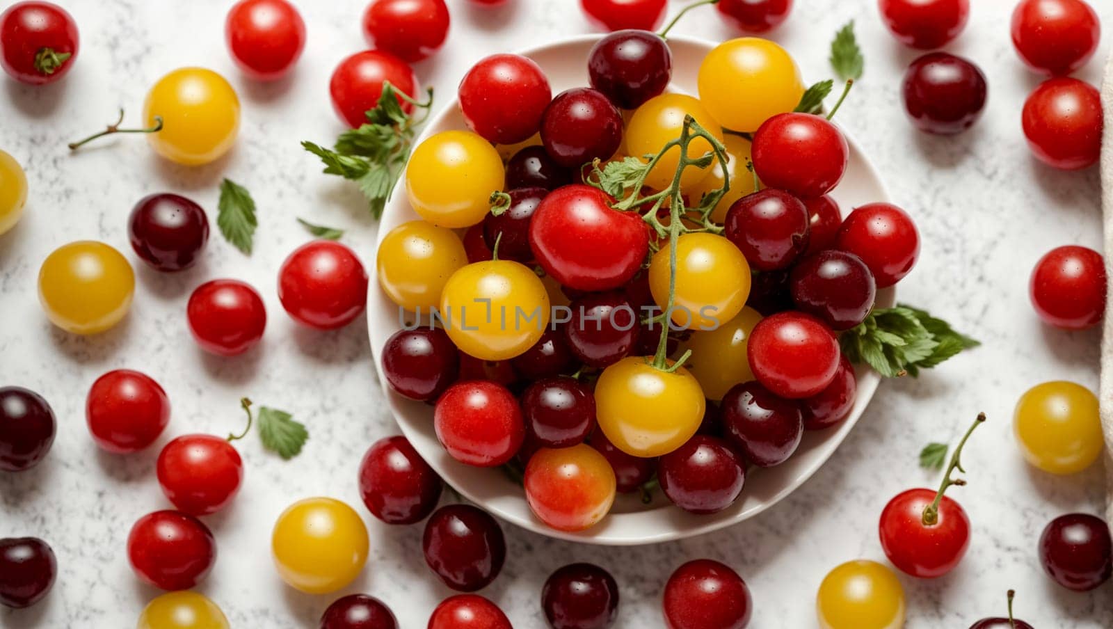 cherry berries, grapes, red and yellow tomatoes on a white background by Севостьянов