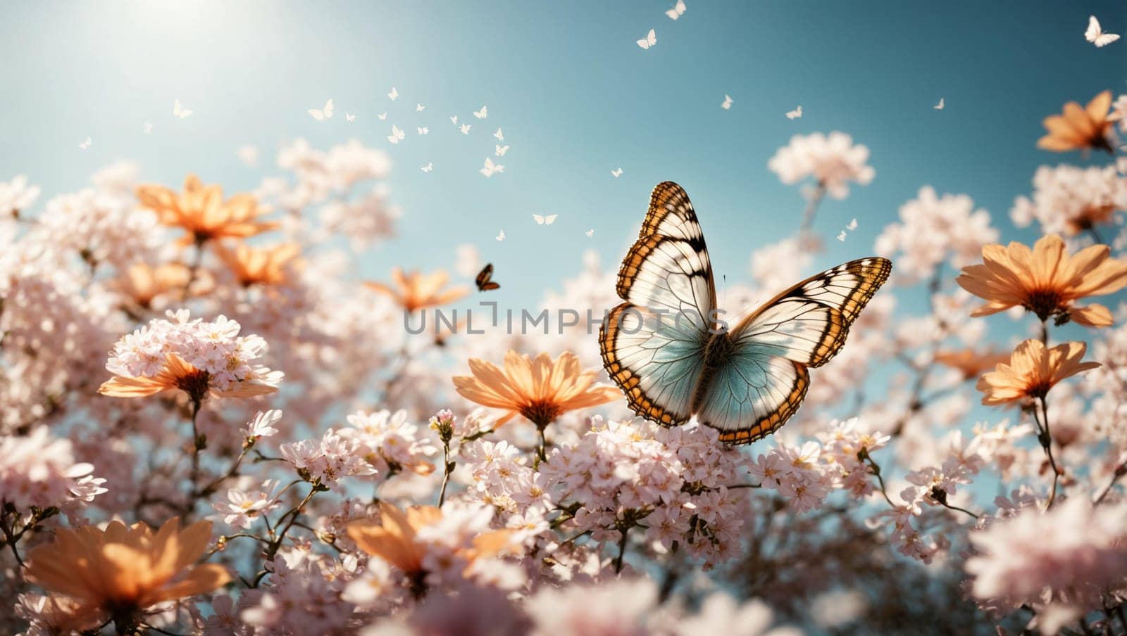 colorful butterflies on a blue sunny spring magic background with rays of the sun