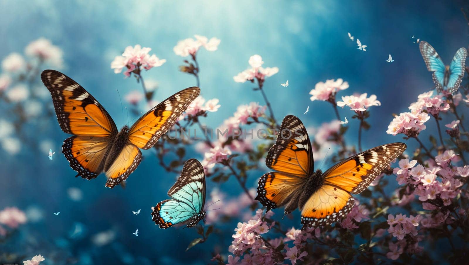 colorful butterflies on a blue sunny spring magic background with rays of the sun